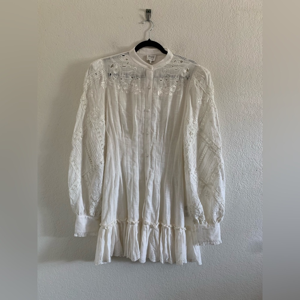 Hemant & Nandita Ruby Belted Mini Dress in Off White Long Sleeve Women’s Size L